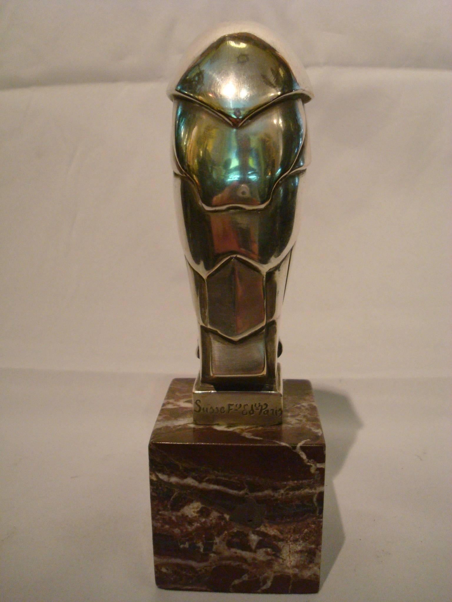 Silvered Art Deco - Cubist Edouard Marcel Sandoz Owl - Hibou Bronze Car Mascot