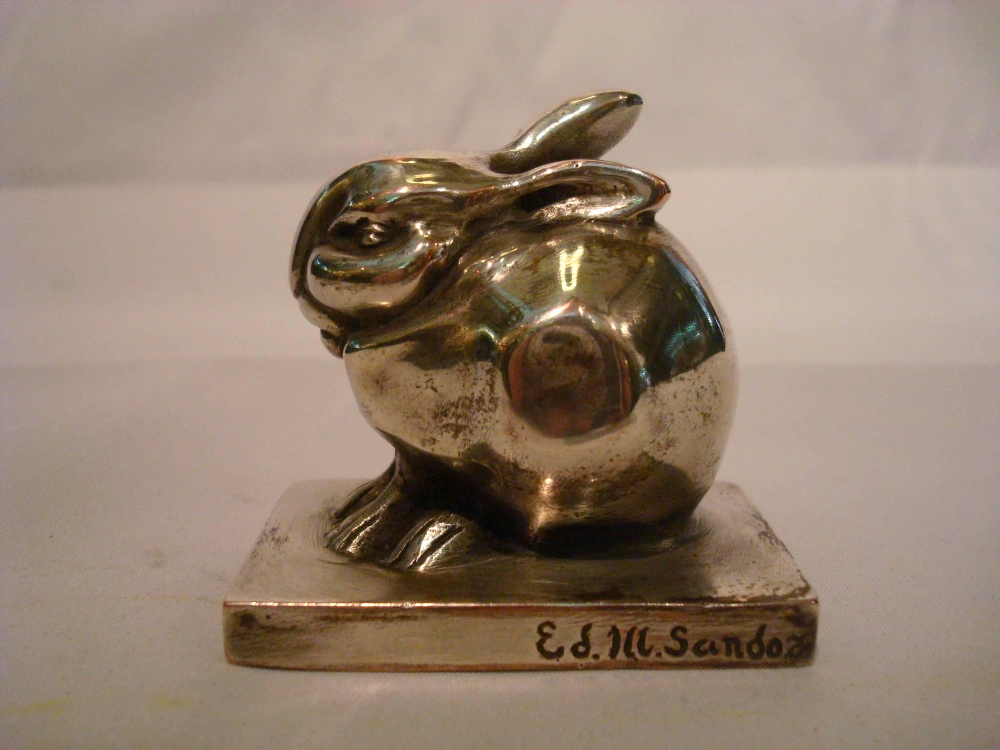 Early 20th Century Art Deco Edouard Marcel Sandoz Little Silvered Bronze Lapin, Rabbit, Signed