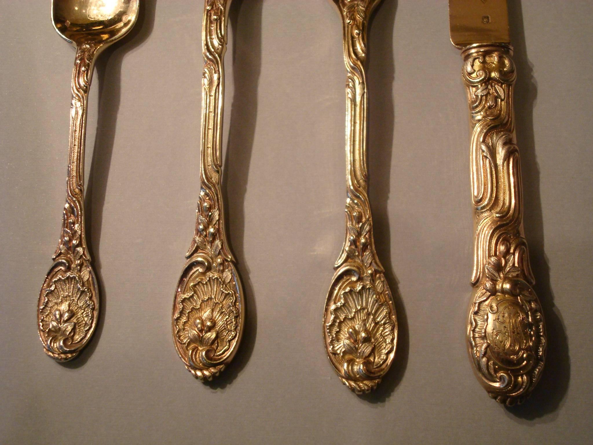 French Rococo Odiot Meissonnier Sterling Silver Cutlery Flatware for 12, France