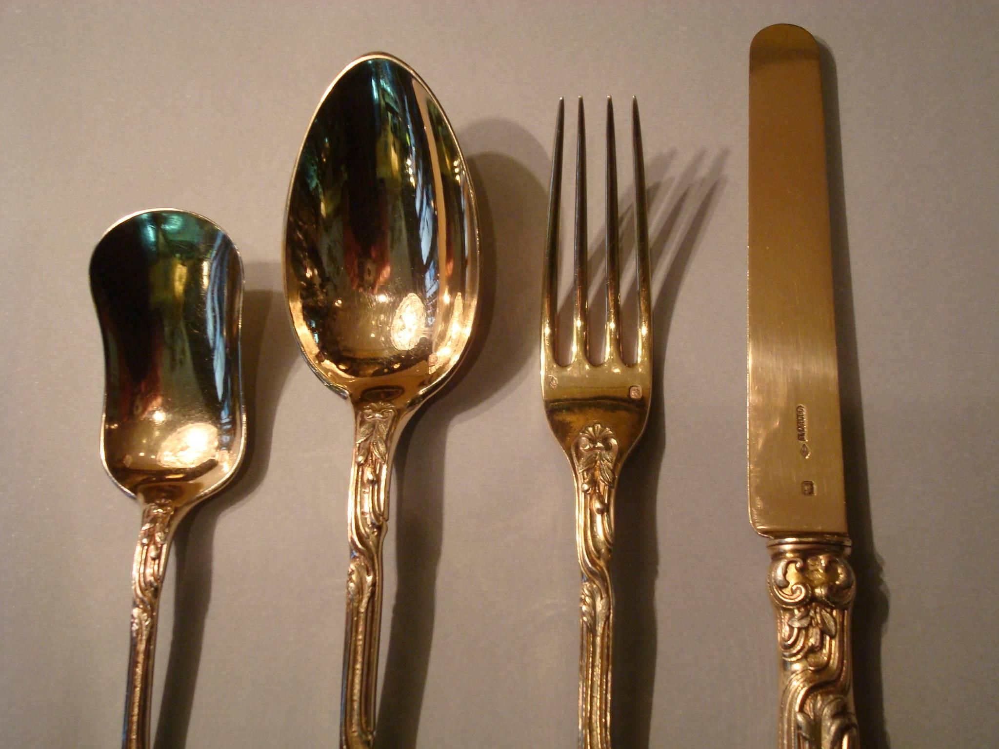 Gilt Rococo Odiot Meissonnier Sterling Silver Cutlery Flatware for 12, France
