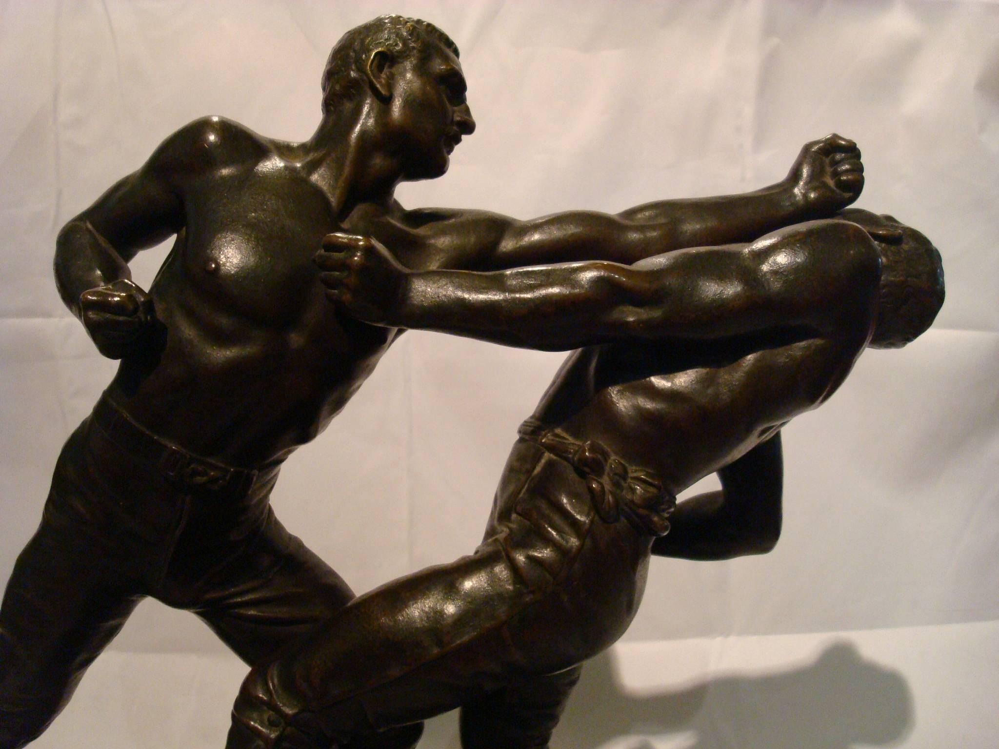 Art Deco 19th Century French Bronze Sport Pugilist Box Sculpture by E. Hebert