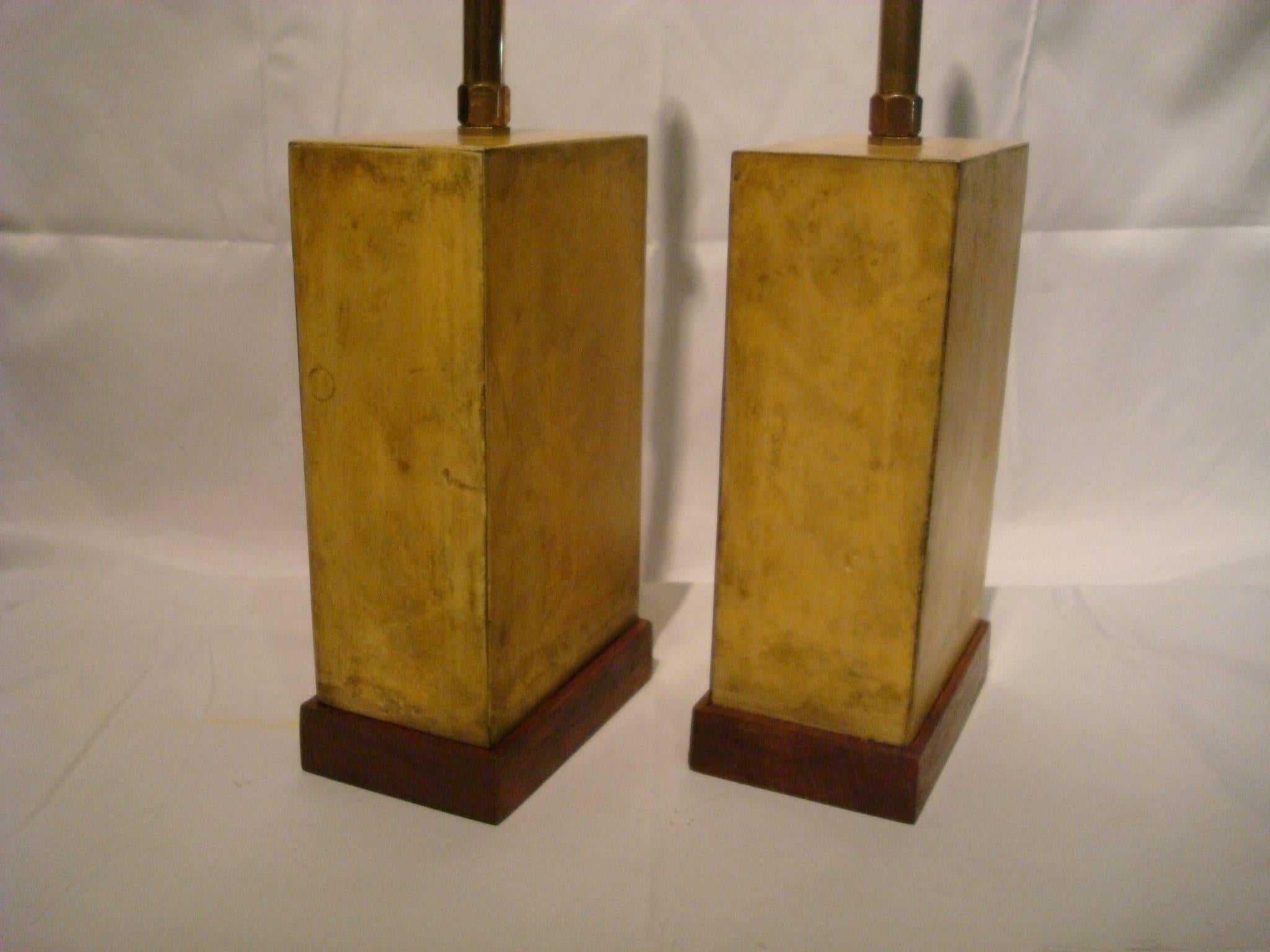 Pair of Art Deco parchment table lamps. Wooden made and covered with leather. Jacques Adnet. Made in France 1930s. They don´t have their original light fittings and cable, they can be replaced by new ones as request of the buyer. The overall height