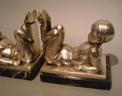French Art Deco Bookends Young Satyrs by C. Charles on Marble Base, 1930
