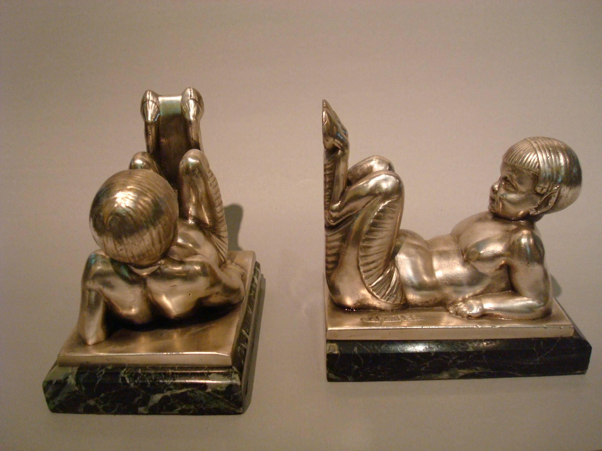 French Art Deco Bookends Young Satyrs by C. Charles on Marble Base, 1930 For Sale 1