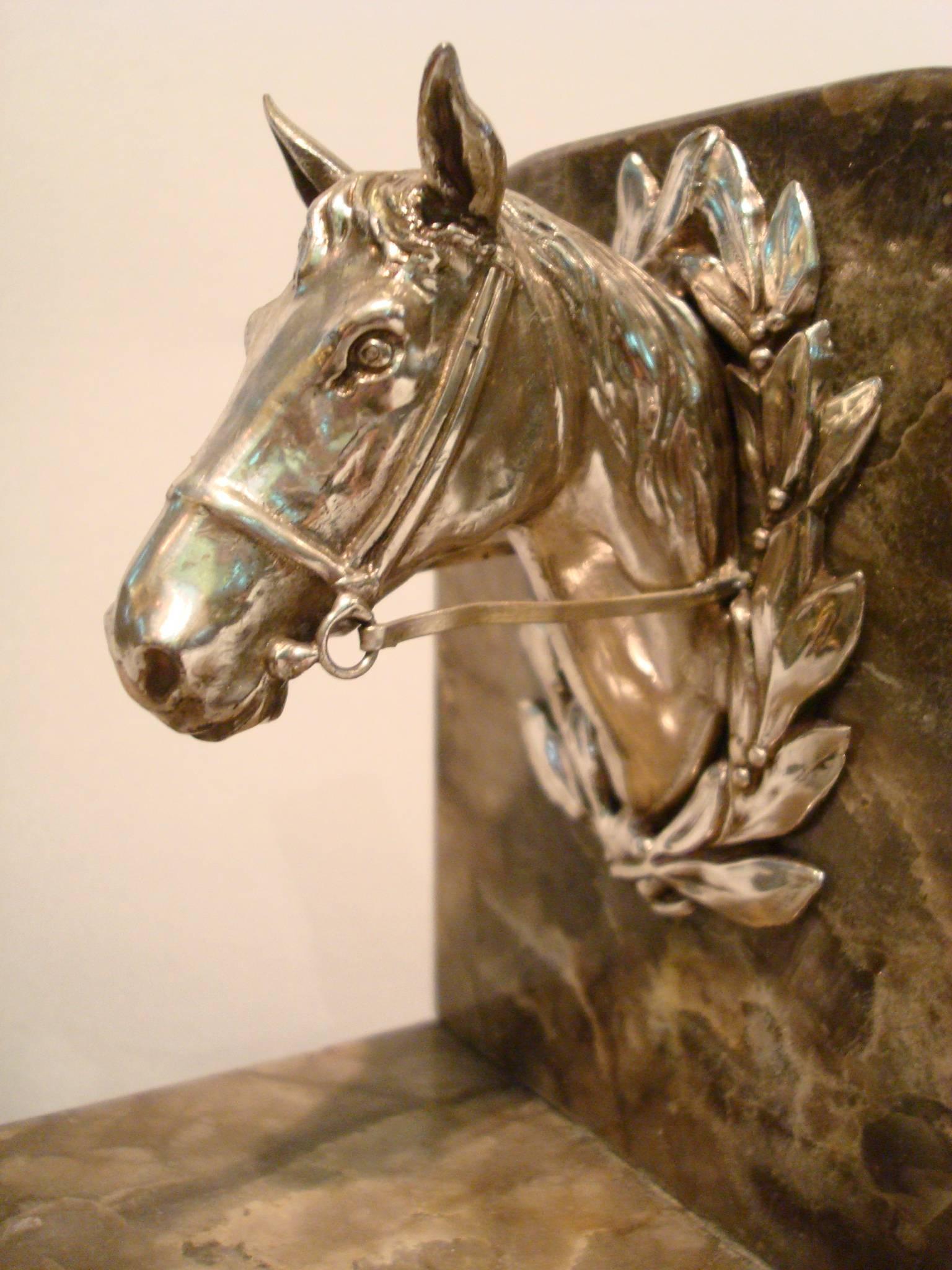 French Equestrian Polo Horse Busts Bookends, France, 1930s