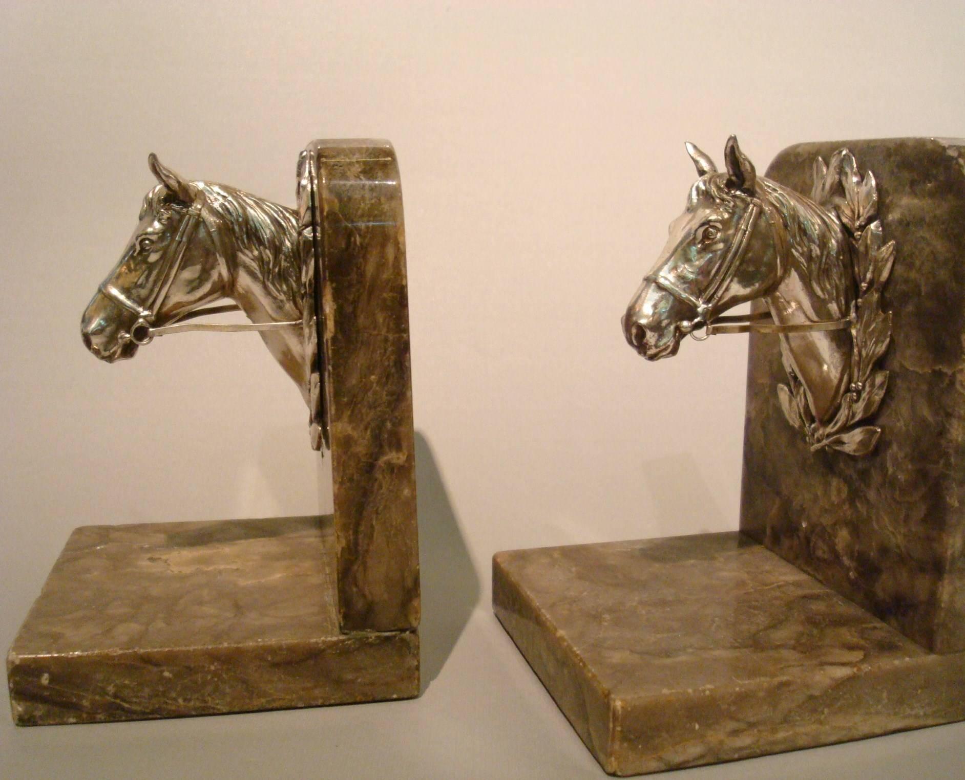 Silvered Equestrian Polo Horse Busts Bookends, France, 1930s