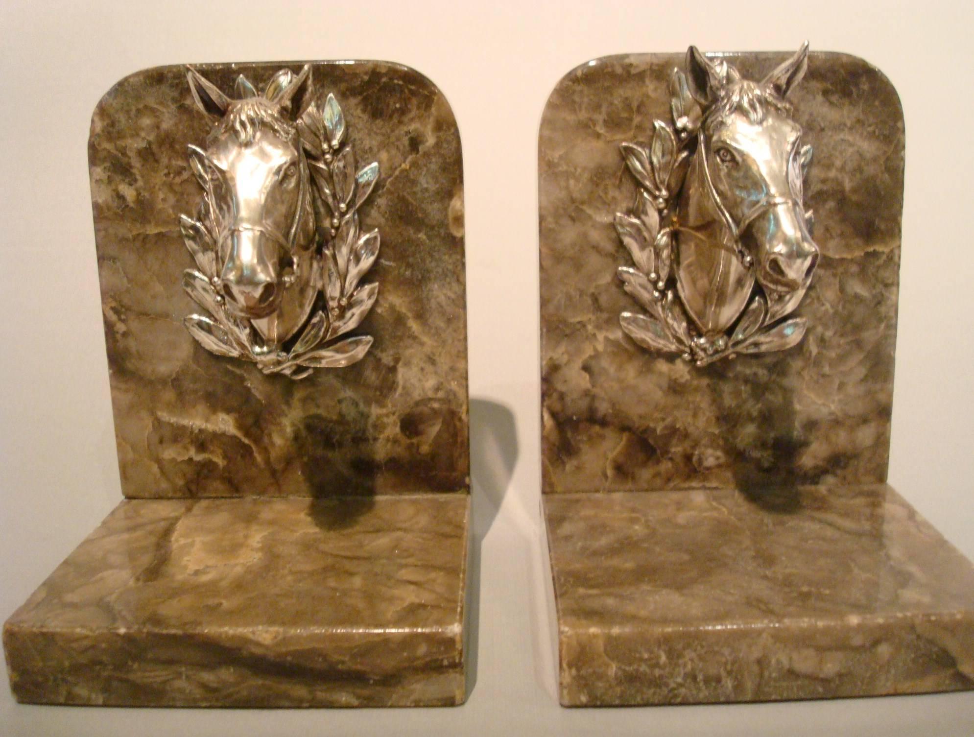 Mid-20th Century Equestrian Polo Horse Busts Bookends, France, 1930s