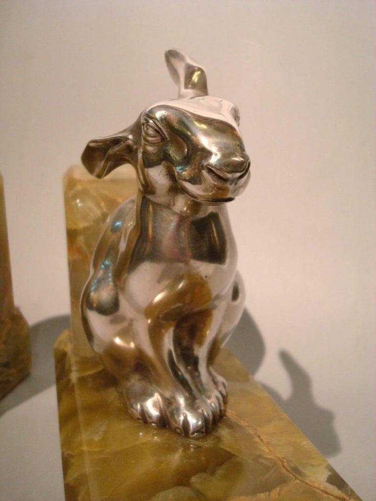 French Art Deco Rabbit, Hare Silver Plated Bronze Bookends, A.E.L, 1920s For Sale