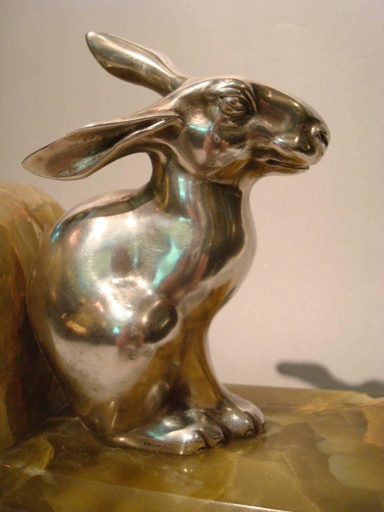 Art Deco Rabbit, Hare Silver Plated Bronze Bookends, A.E.L, 1920s For