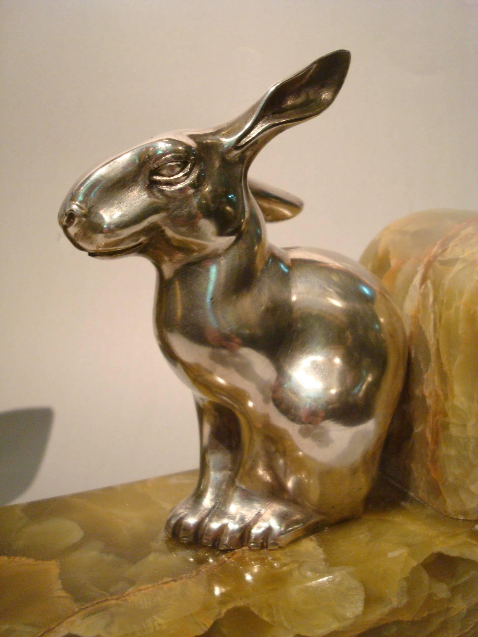 Silvered Art Deco Rabbit, Hare Silver Plated Bronze Bookends, A.E.L, 1920s For Sale