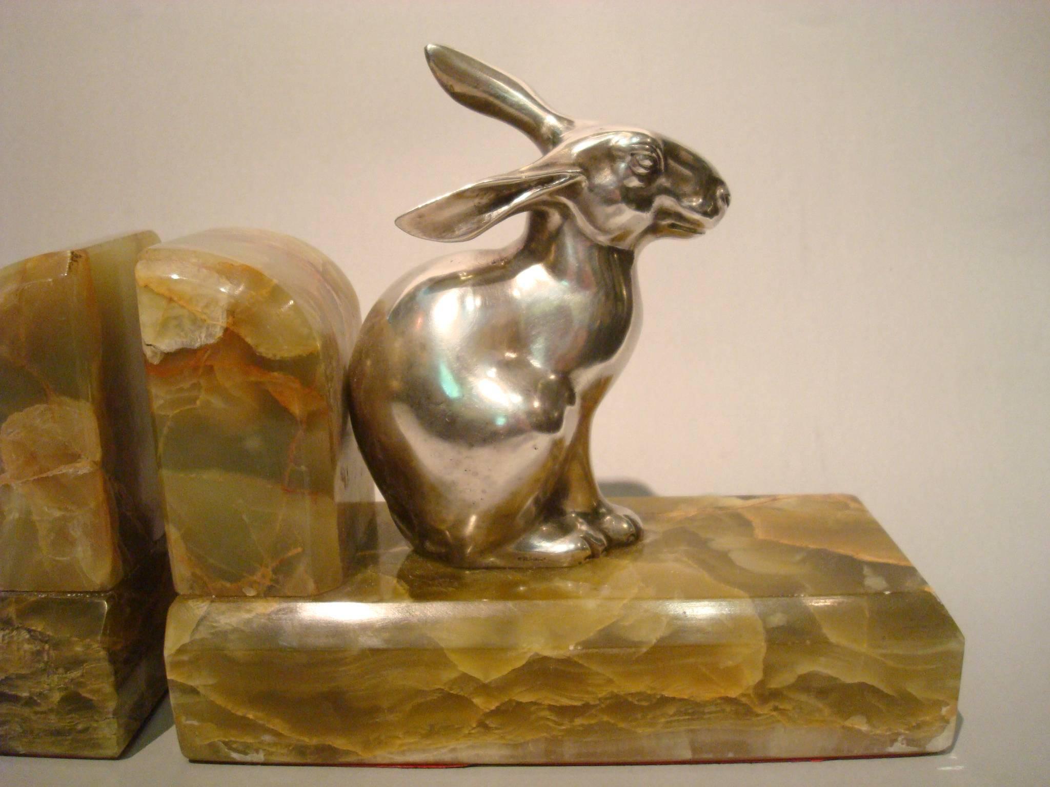 20th Century Art Deco Rabbit, Hare Silver Plated Bronze Bookends, A.E.L, 1920s For Sale