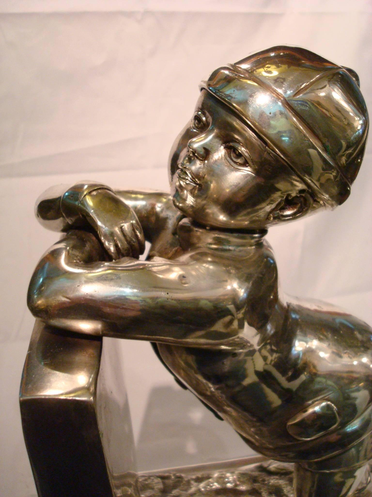 20th Century Alexander Kelety Boy Looking over the Fence Silvered Bronze Sculpture, Art Deco For Sale