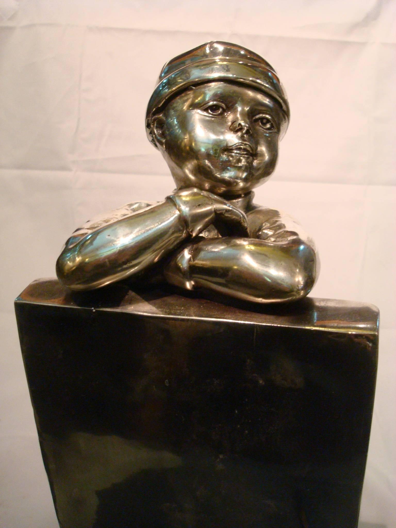 Alexander Kelety Boy Looking over the Fence Silvered Bronze Sculpture, Art Deco For Sale 3