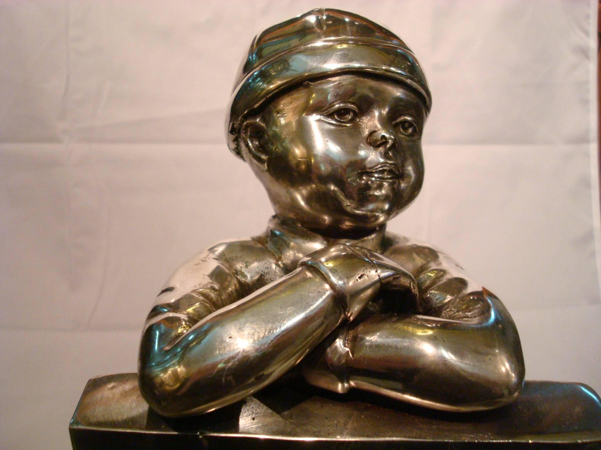 Alexander Kelety Boy Looking over the Fence Silvered Bronze Sculpture, Art Deco For Sale 5