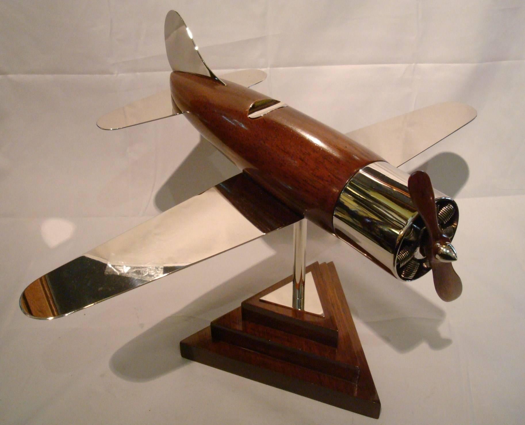 Brass 20th Century, Art Deco Streamline Airplane Wooden Model Sculpture, 1930s