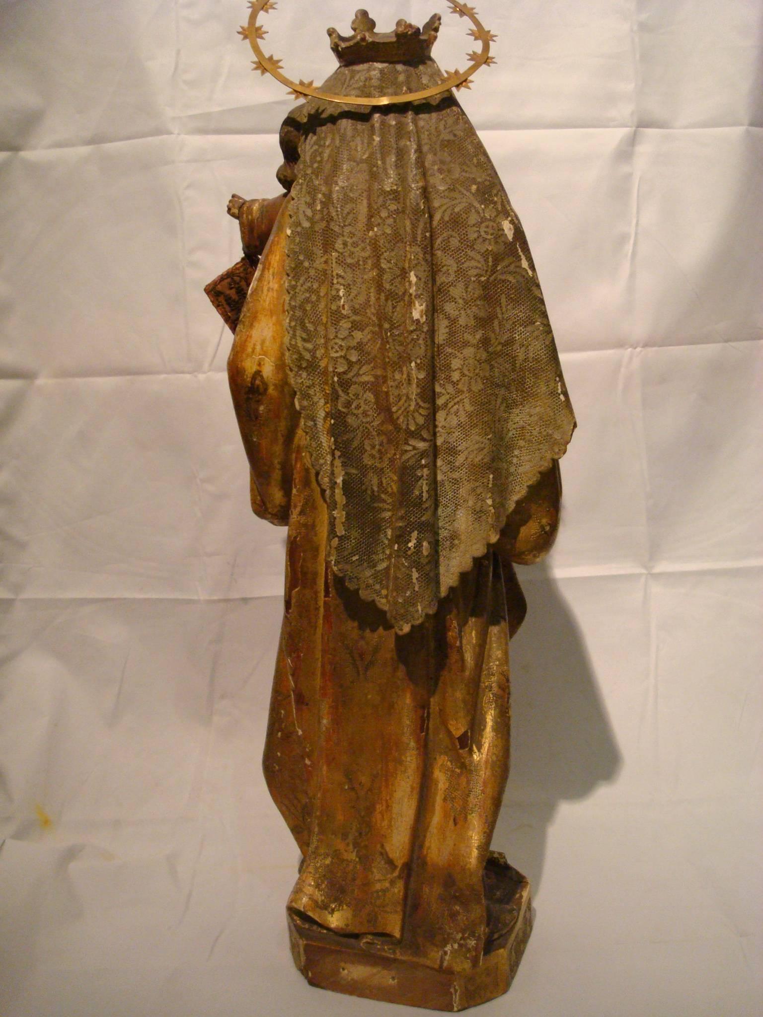 Baroque 19th C. Wooden Sculpture Virgin Mary with Jesus - Wood Carved Polychrome Figure