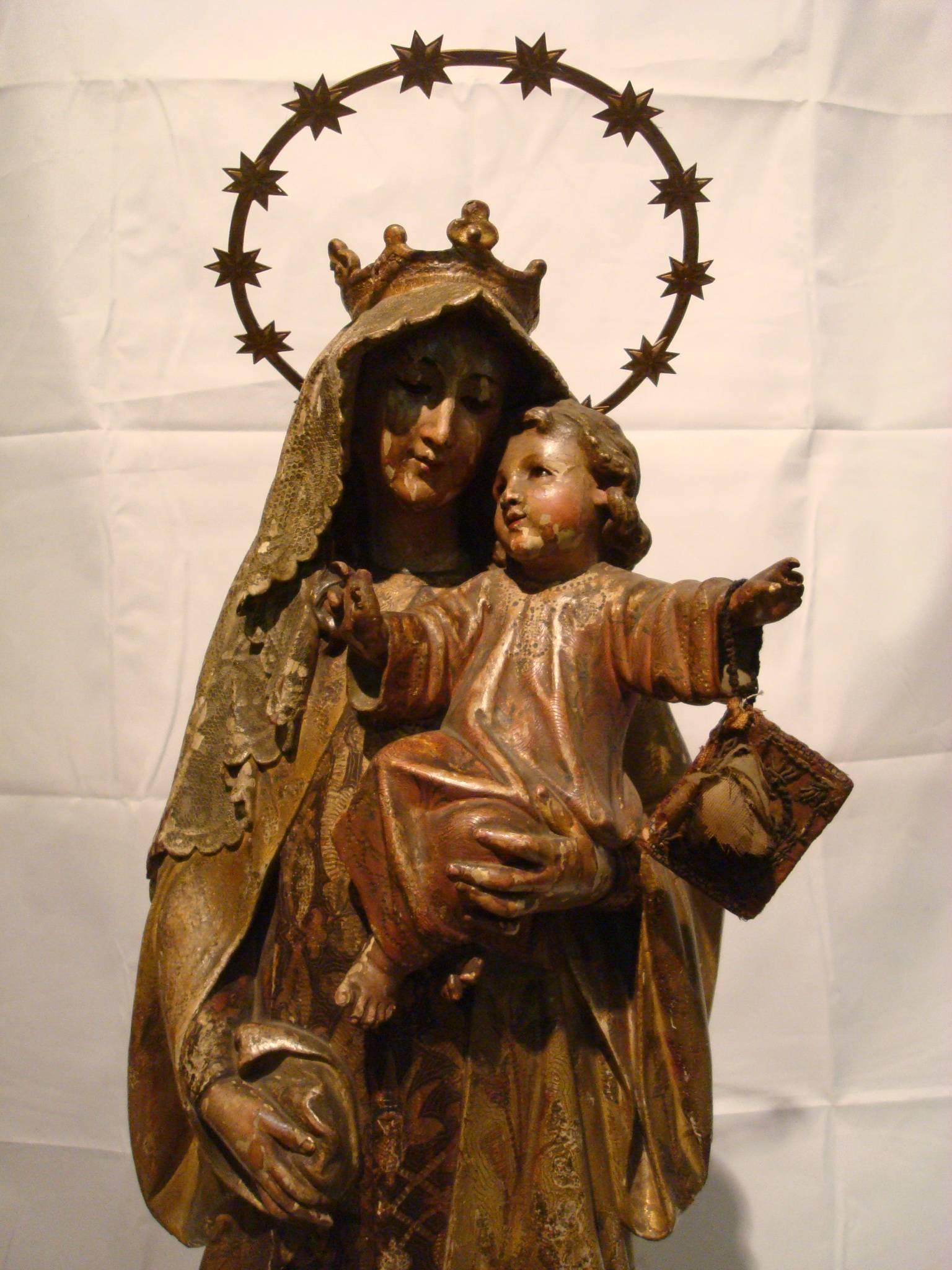 19th Century 19th C. Wooden Sculpture Virgin Mary with Jesus - Wood Carved Polychrome Figure