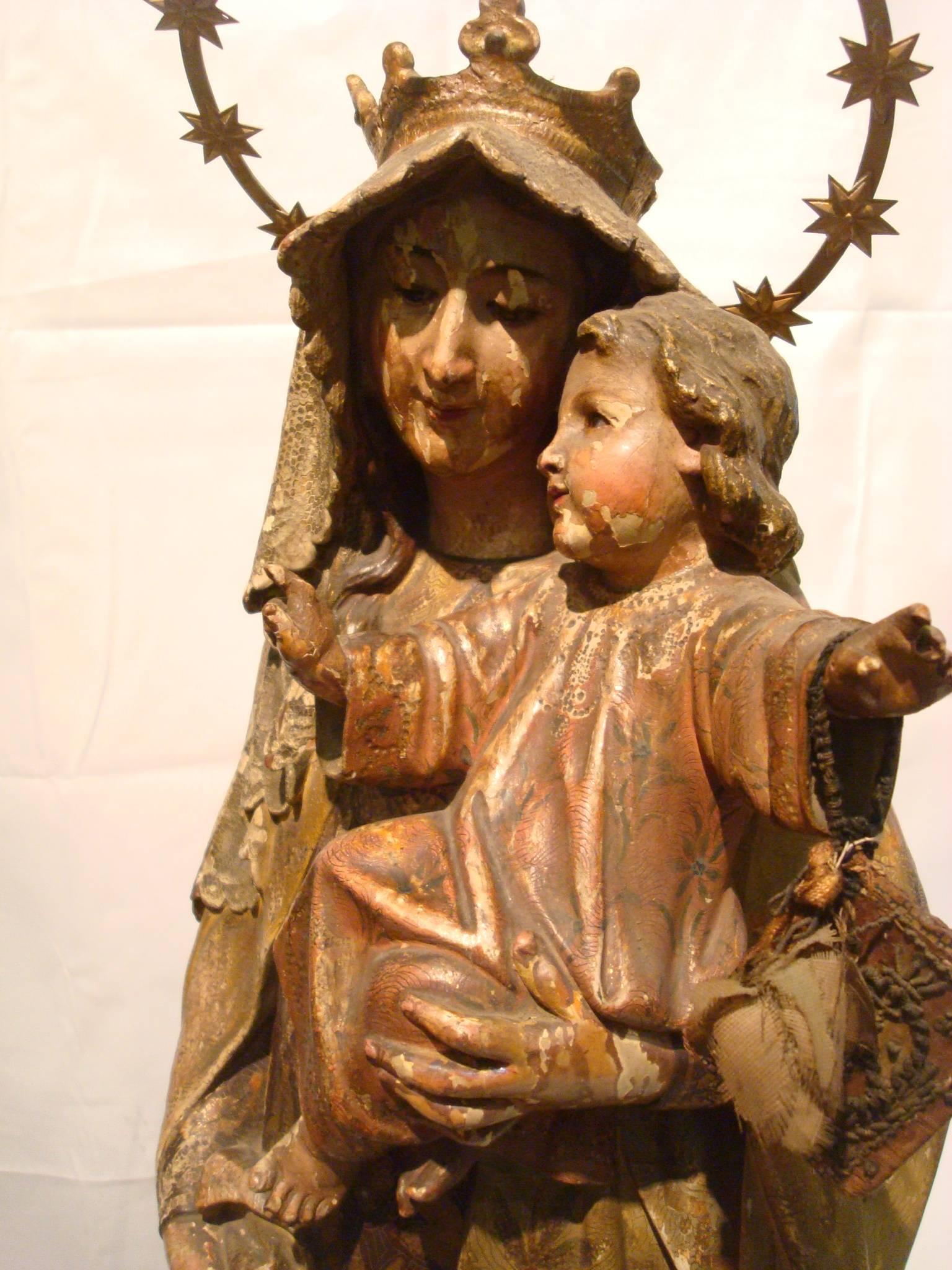 Polychromed 19th C. Wooden Sculpture Virgin Mary with Jesus - Wood Carved Polychrome Figure