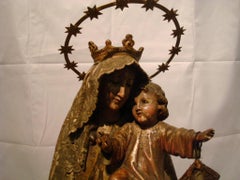 19th C. Wooden Sculpture Virgin Mary with Jesus - Wood Carved Polychrome Figure