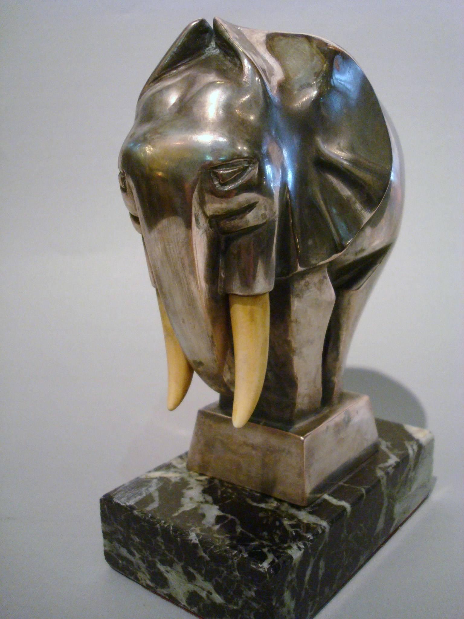 Silvered Art Deco Bronze Elephant Bookends Signed G. H. Laurent, France, 1920s