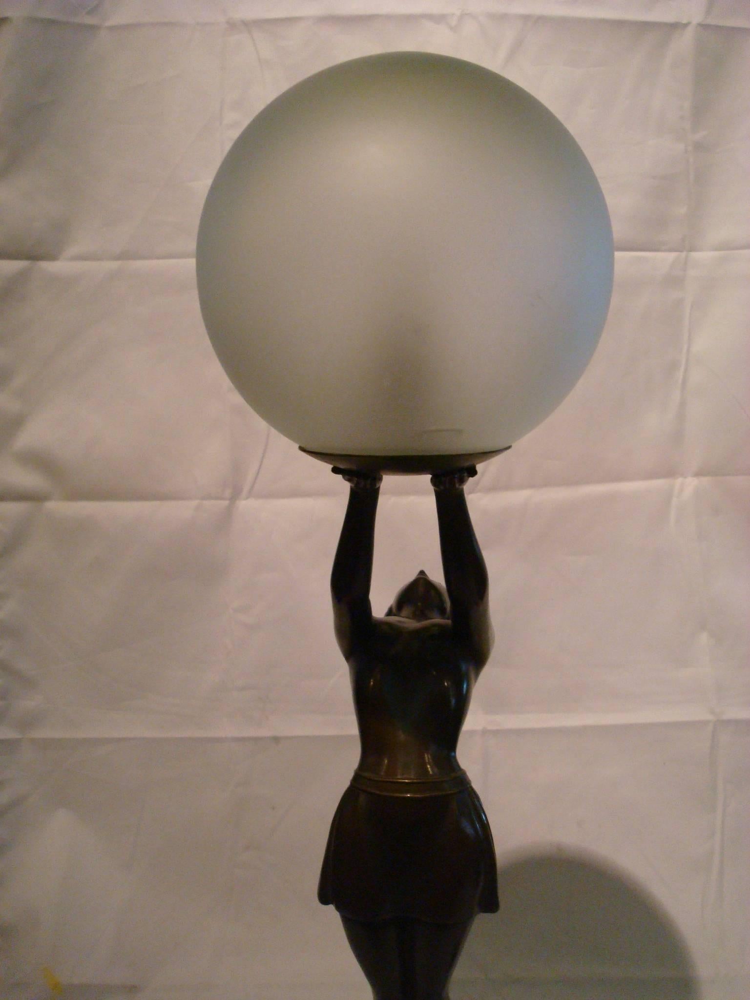 Cold-Painted French Art Deco Female Figure, Statue Lamp by Balleste