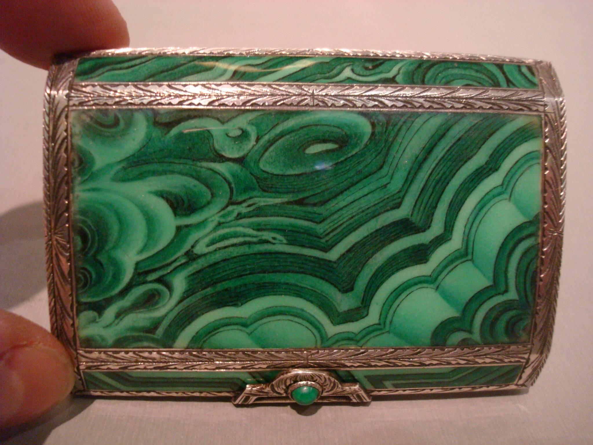 Fabulous Art Deco Italian 800 sterling silver enameled faux malachite purse, compact, box, enamel case for cigarettes or vanity display. Interior with gold wash stamped 800 and with another circular mark EM. Minor surface scratches, no chips.