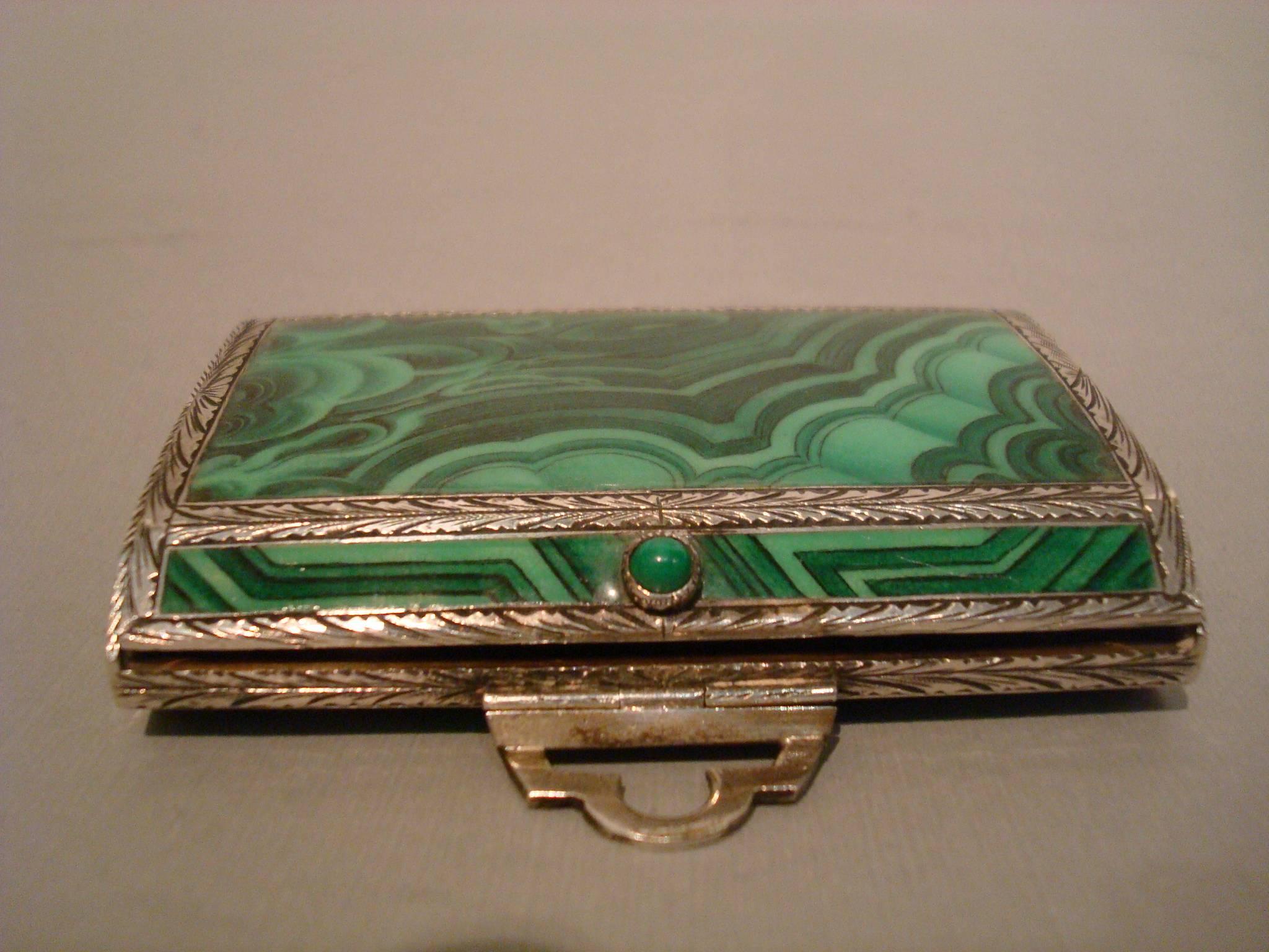 Art Deco Italian Silver Malachite Enamel Cigarette, Vanity Case, Box 1