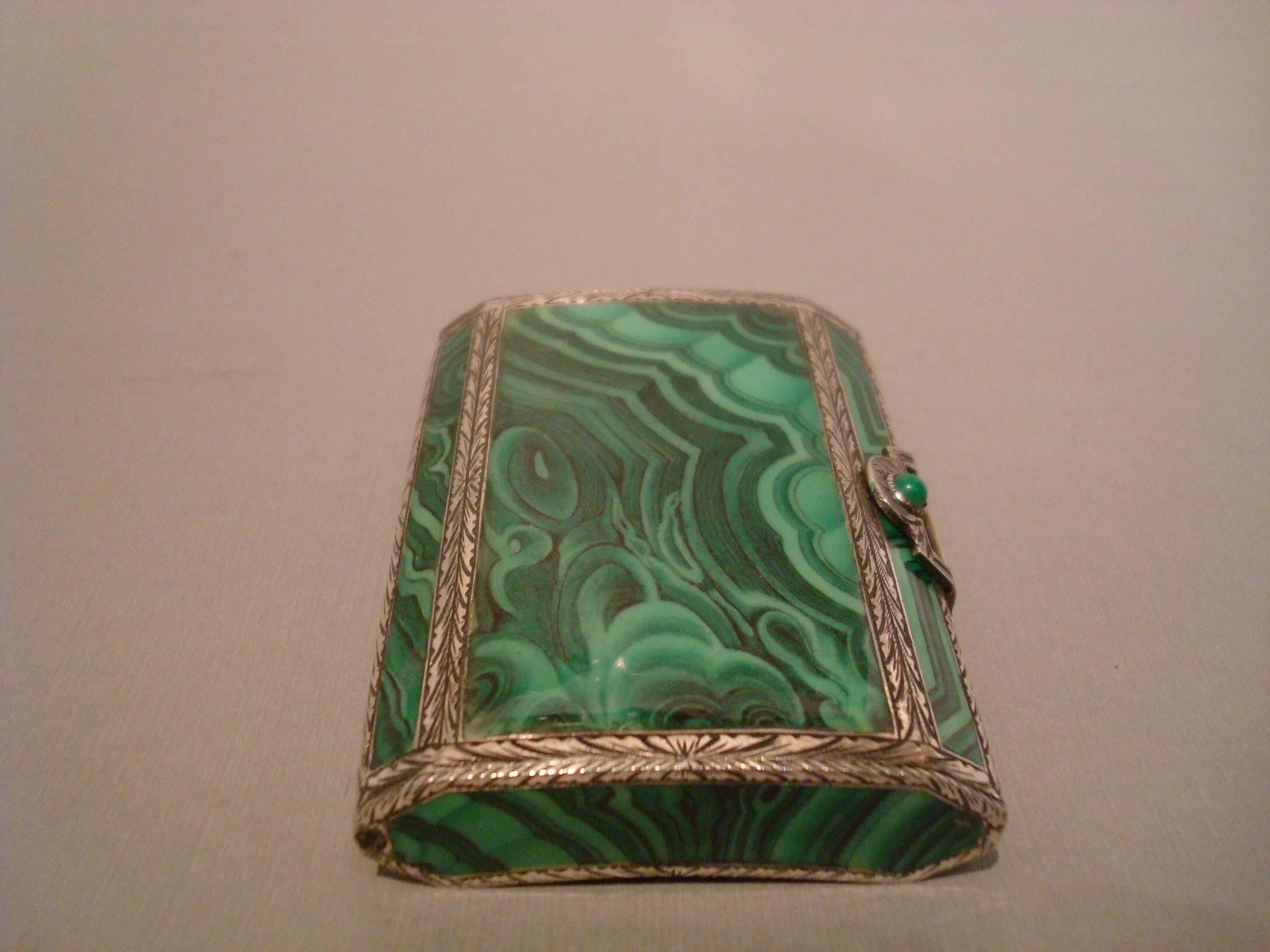 Art Deco Italian Silver Malachite Enamel Cigarette, Vanity Case, Box 2
