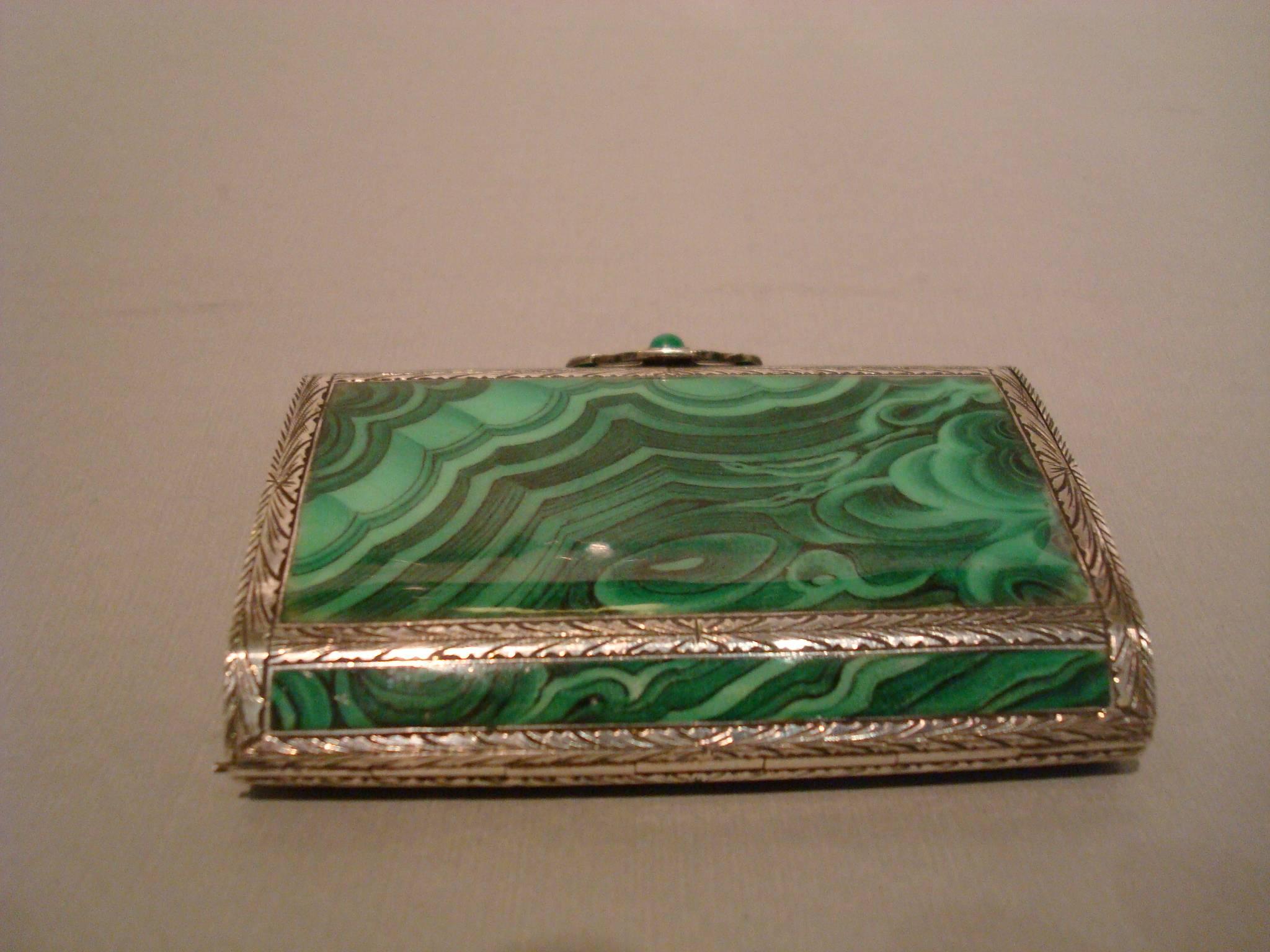 Art Deco Italian Silver Malachite Enamel Cigarette, Vanity Case, Box 3