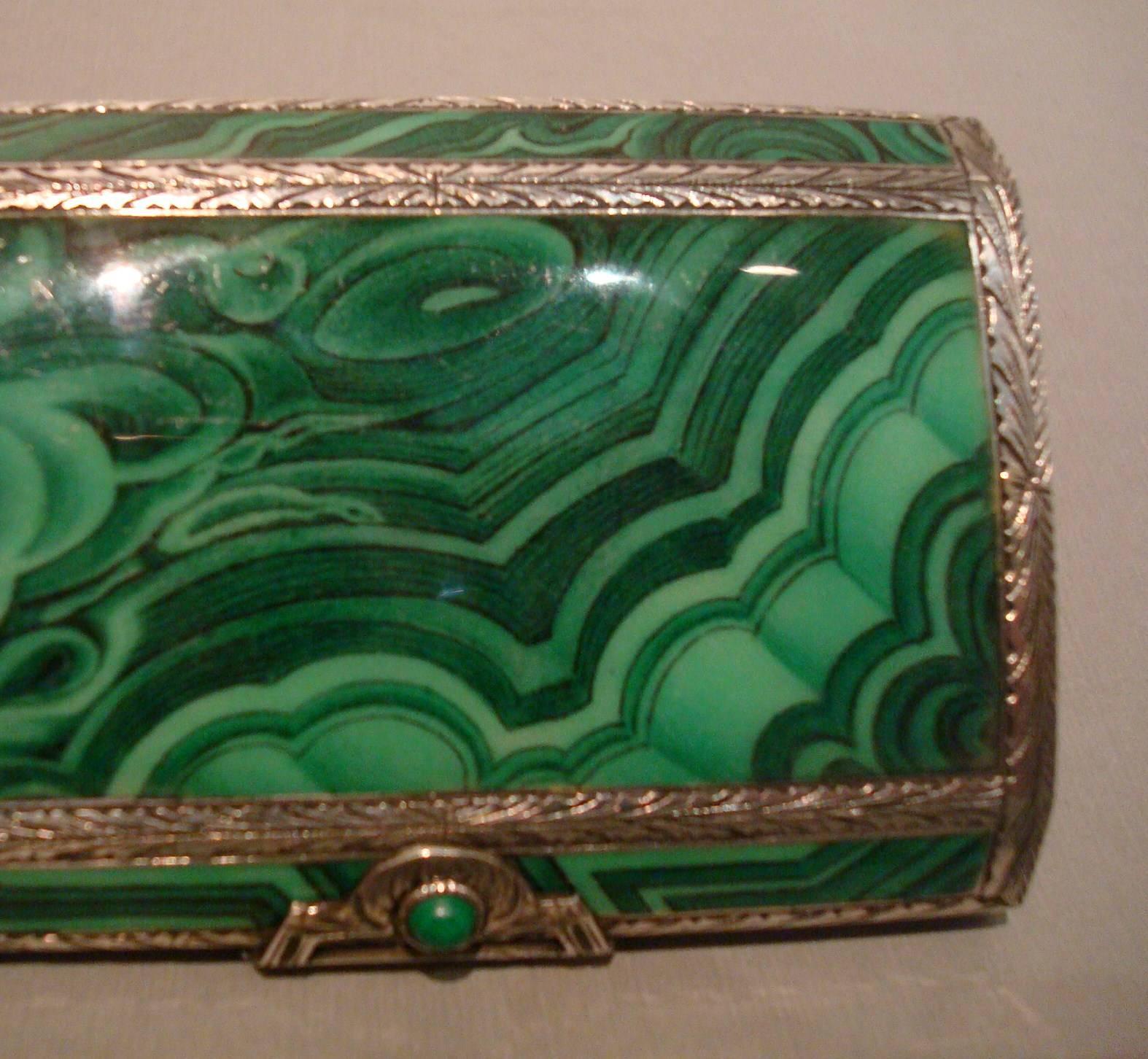 Enameled Art Deco Italian Silver Malachite Enamel Cigarette, Vanity Case, Box
