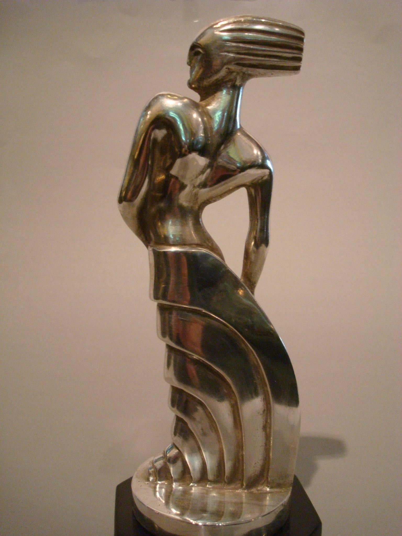 20th Century Art Deco Silvered Bronze Sculpture Standing Woman by S. Rueff, France, 1925