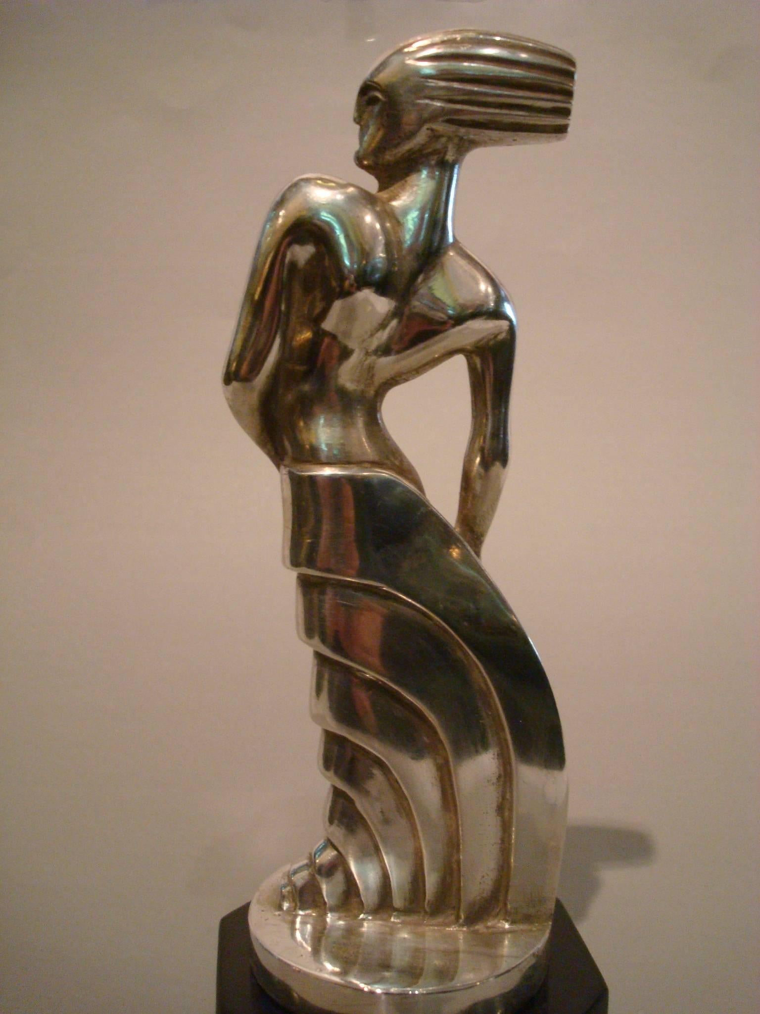 Art Deco Silvered Bronze Sculpture Standing Woman by S. Rueff, France