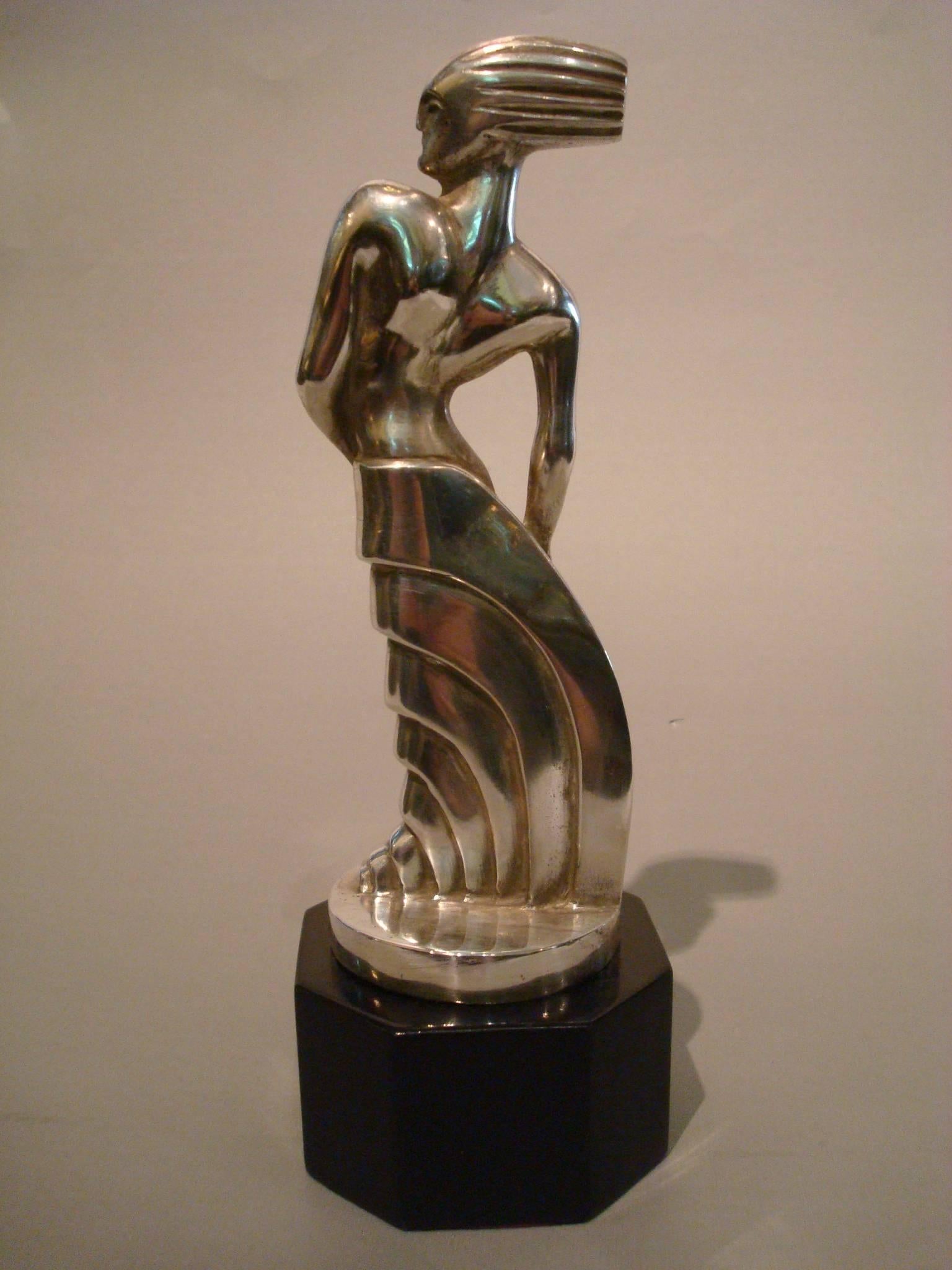 Art Deco Silvered Bronze Sculpture Standing Woman by S. Rueff, France, 1925 In Good Condition In Buenos Aires, Olivos
