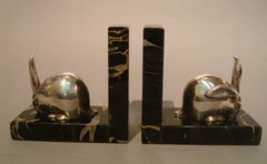 Art Deco Silvered Bronze Rabbit Bookends, Edouard-Marcel Sandoz
