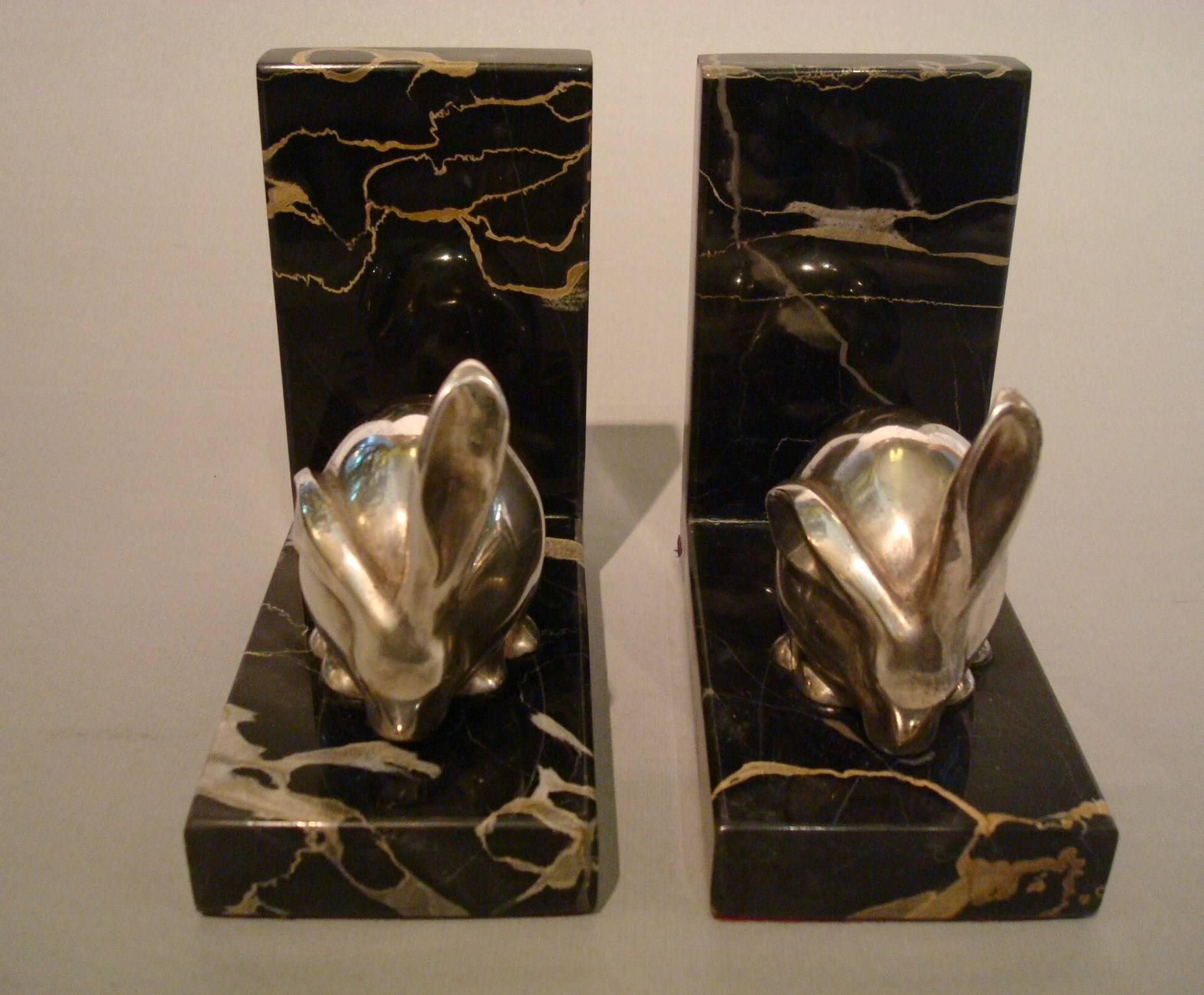 French Art Deco Silvered Bronze Rabbit Bookends, Edouard-Marcel Sandoz