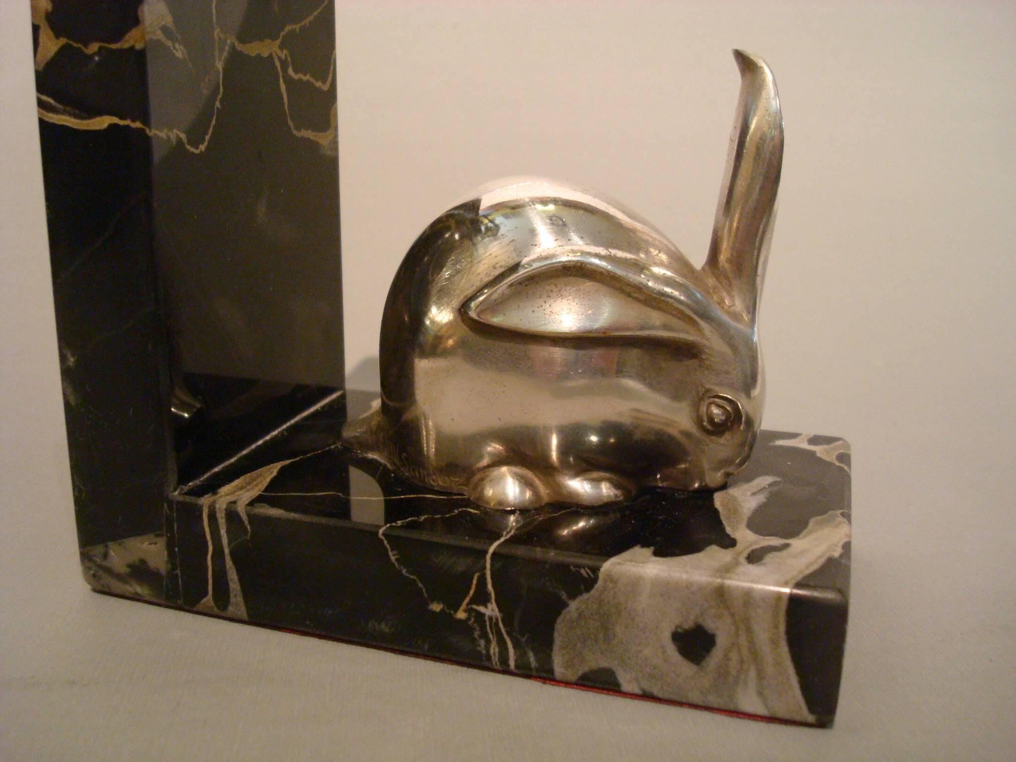 Art Deco Silvered Bronze Rabbit Bookends, Edouard-Marcel Sandoz In Good Condition In Buenos Aires, Olivos