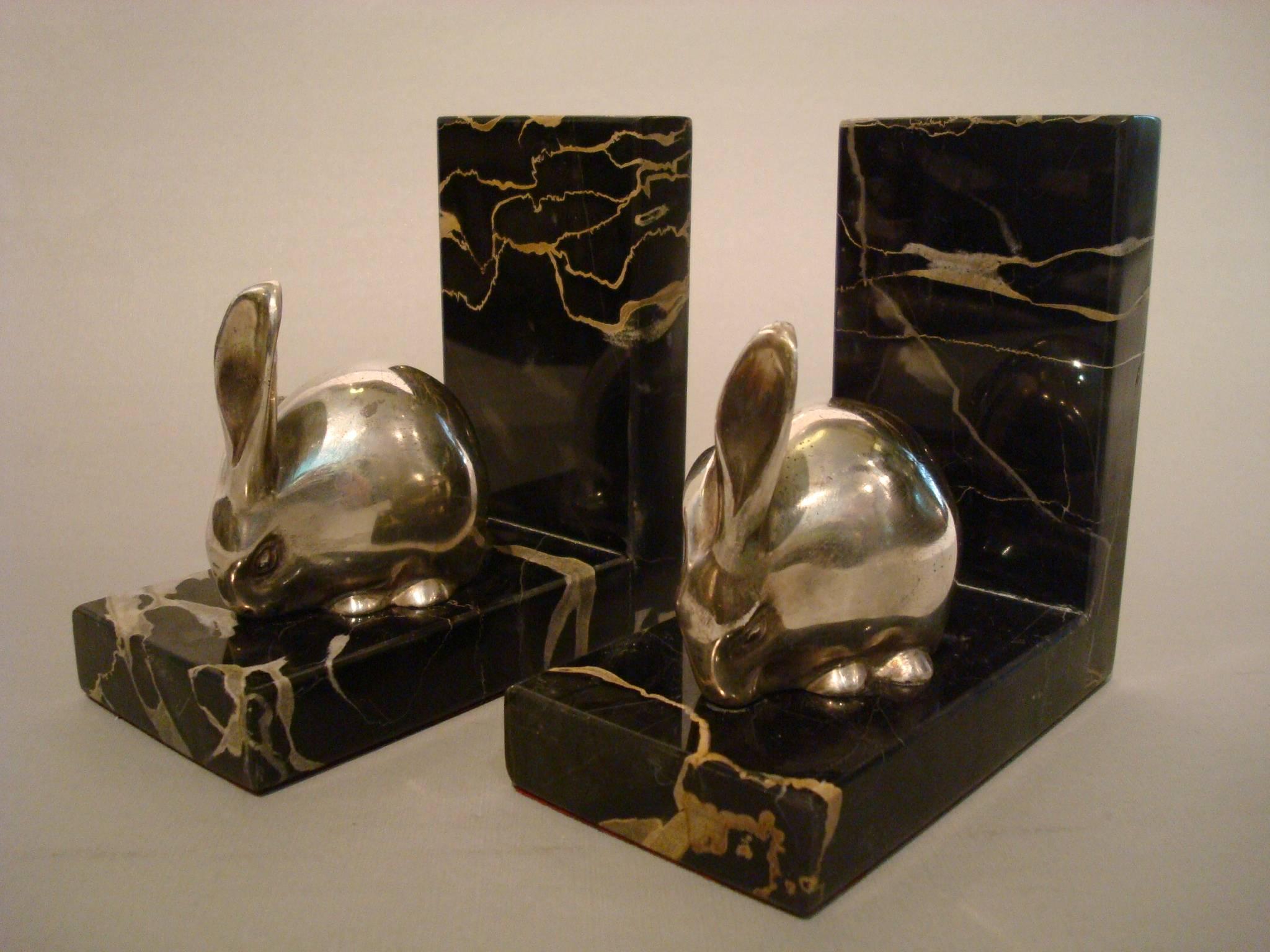 Art Deco Silvered Bronze Rabbit Bookends, Edouard-Marcel Sandoz 2