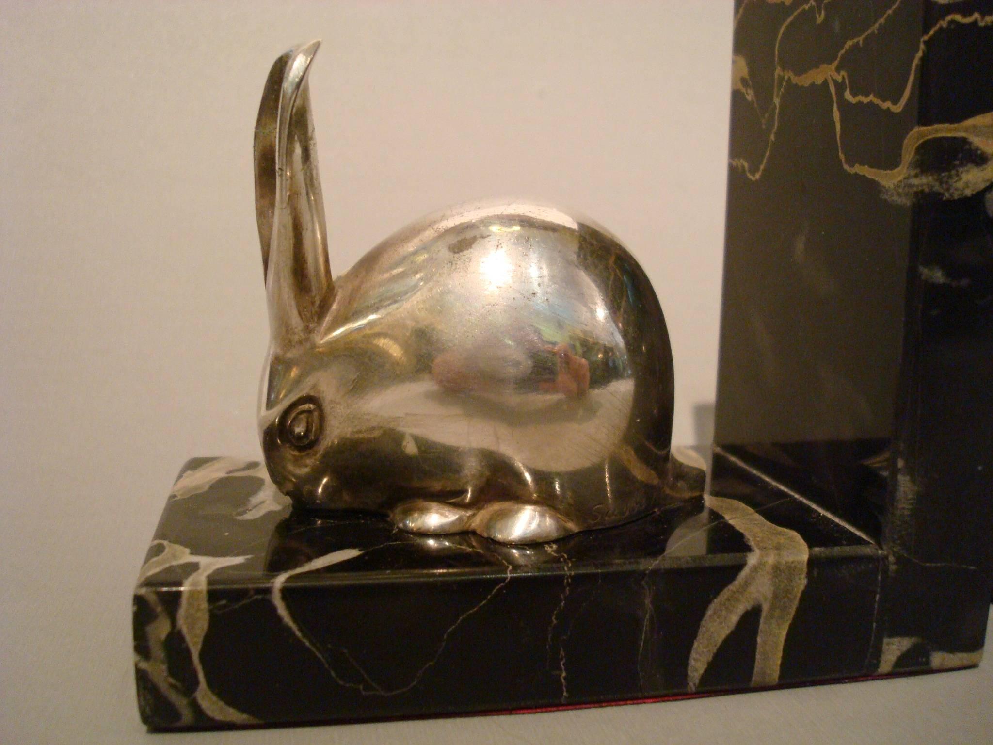 Art Deco Silvered Bronze Rabbit Bookends, Edouard-Marcel Sandoz 3
