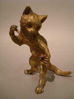 Austrian Vienna Gilt Bronze Figurine of a Cat Playing with a Ball of Wool