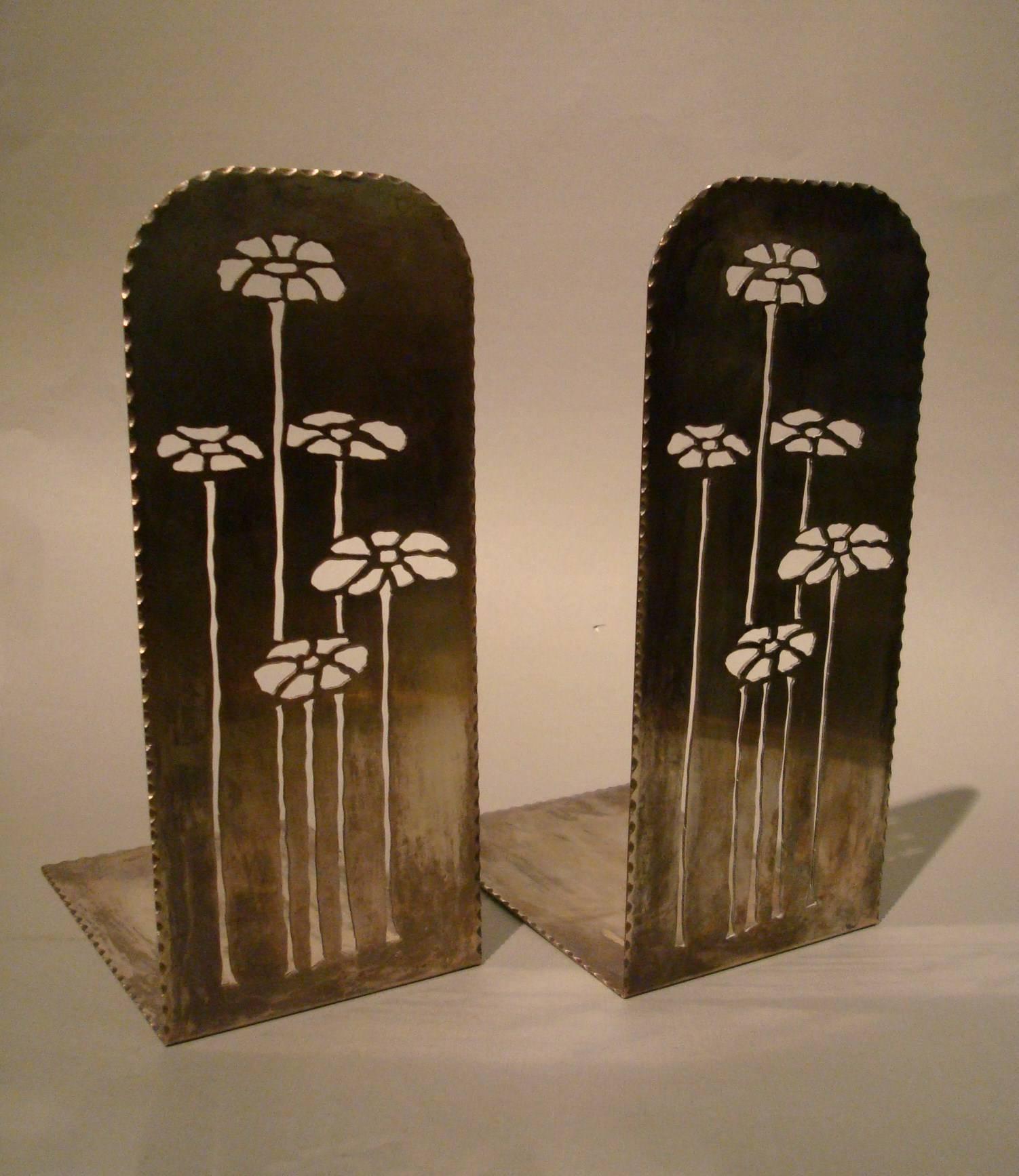 Silvered Art Nouveau Newcomb College Pierced Brass Bookends For Sale