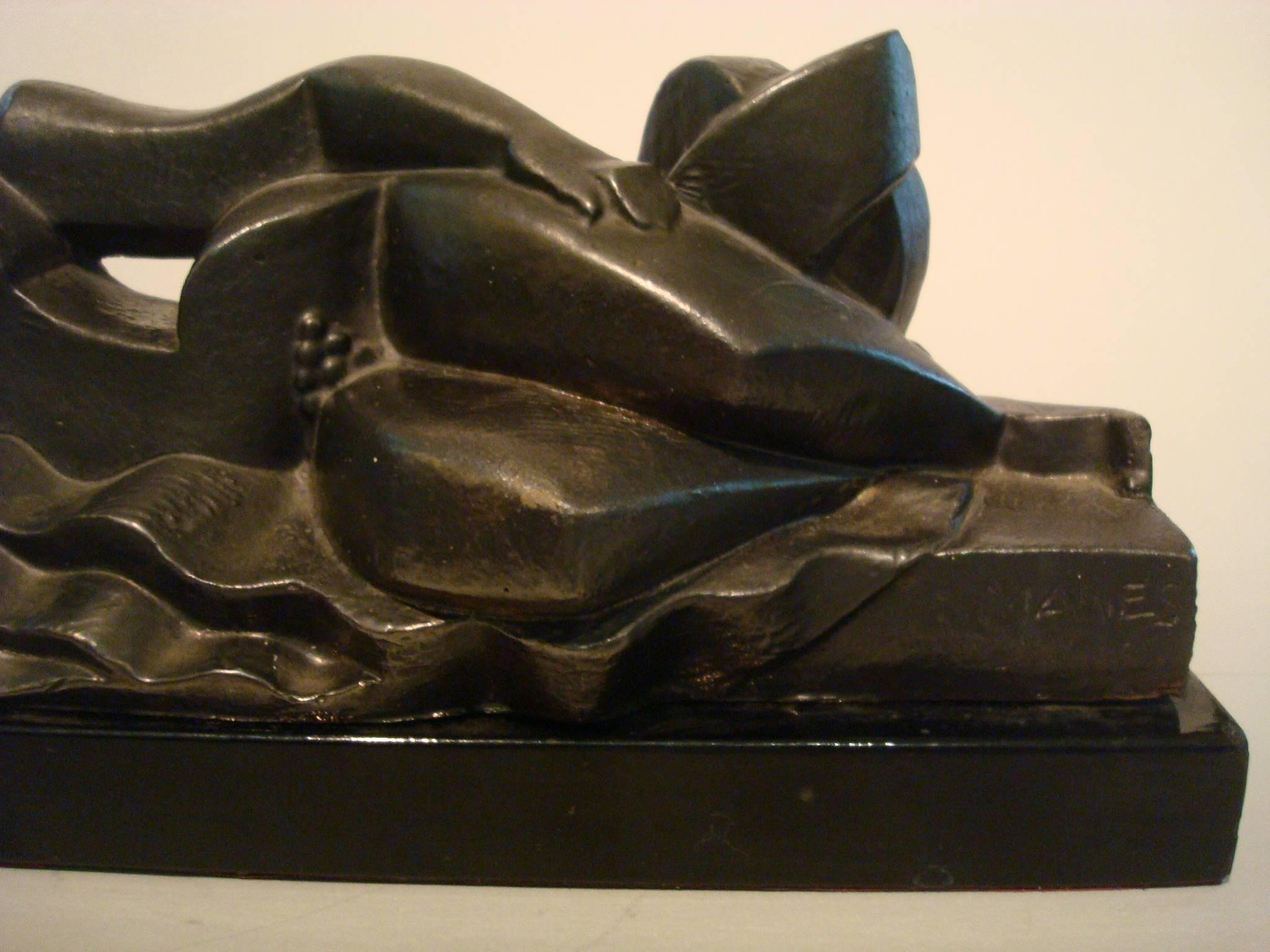 Art Deco, Cubist Lying Women Sculpture by Pablo Curatella Manes, 1920s In Good Condition In Buenos Aires, Olivos