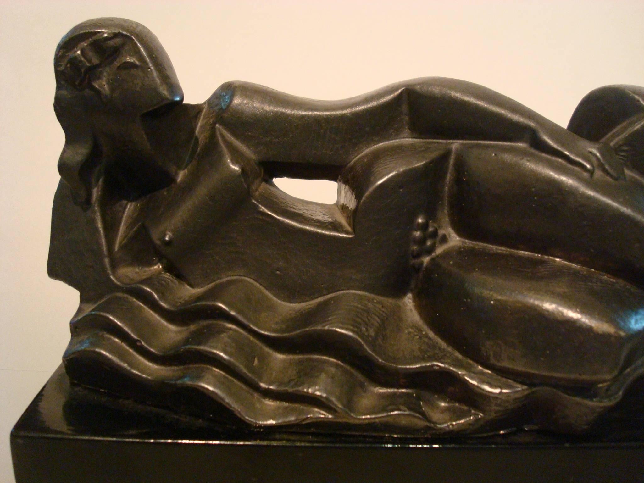 Terracotta Art Deco, Cubist Lying Women Sculpture by Pablo Curatella Manes, 1920s