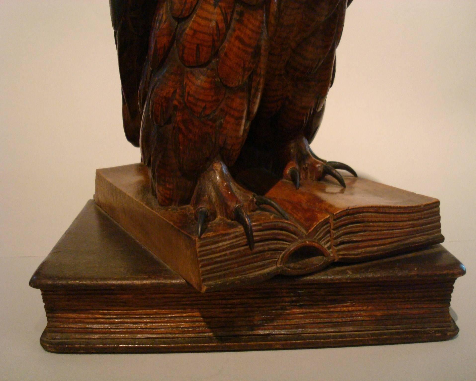 Black Forest Wooden Carved Owl over Books, Germany, 1890s 1