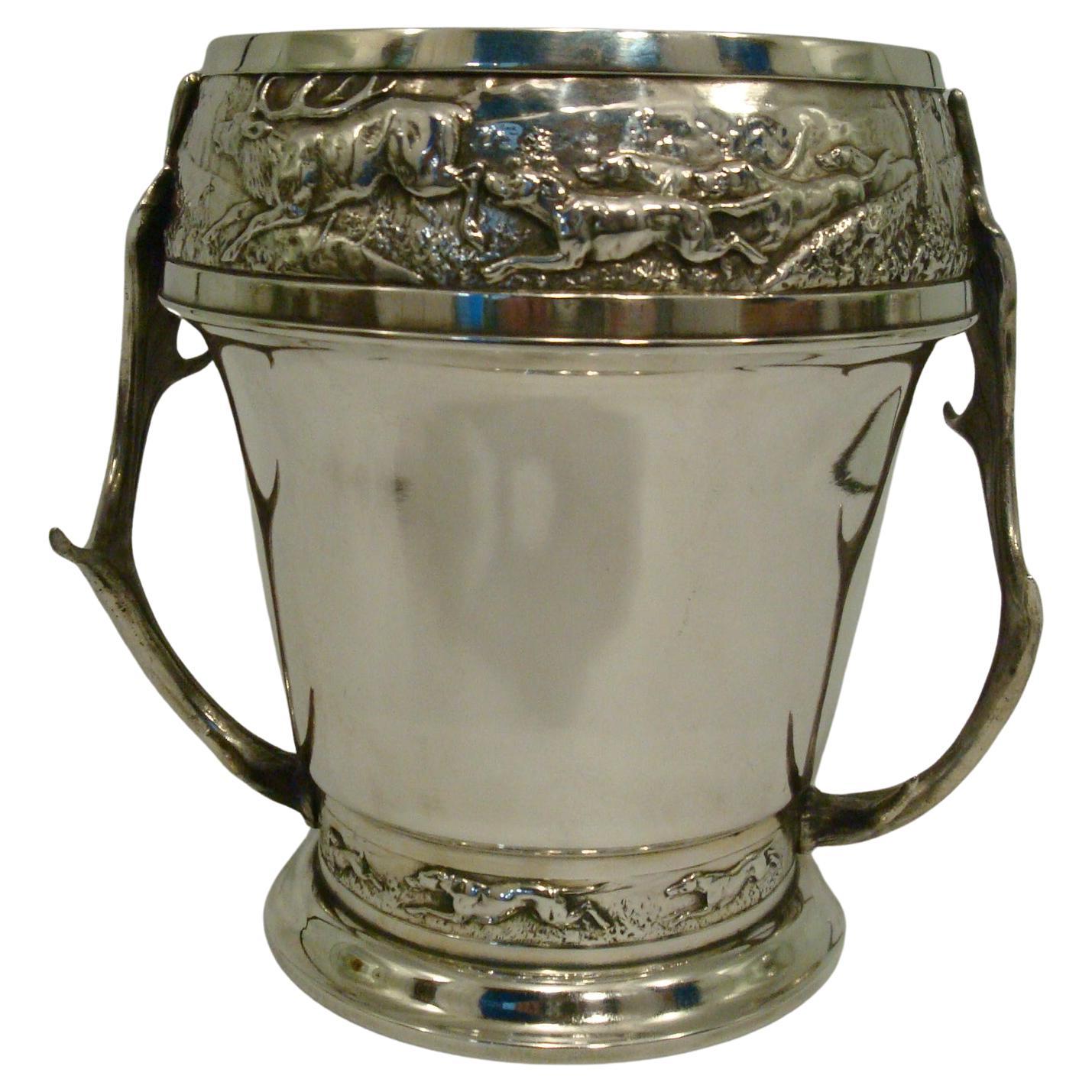 WMF Champagne / Wine Cooler with a Hunting scene, Wild Elk Ornament Handles