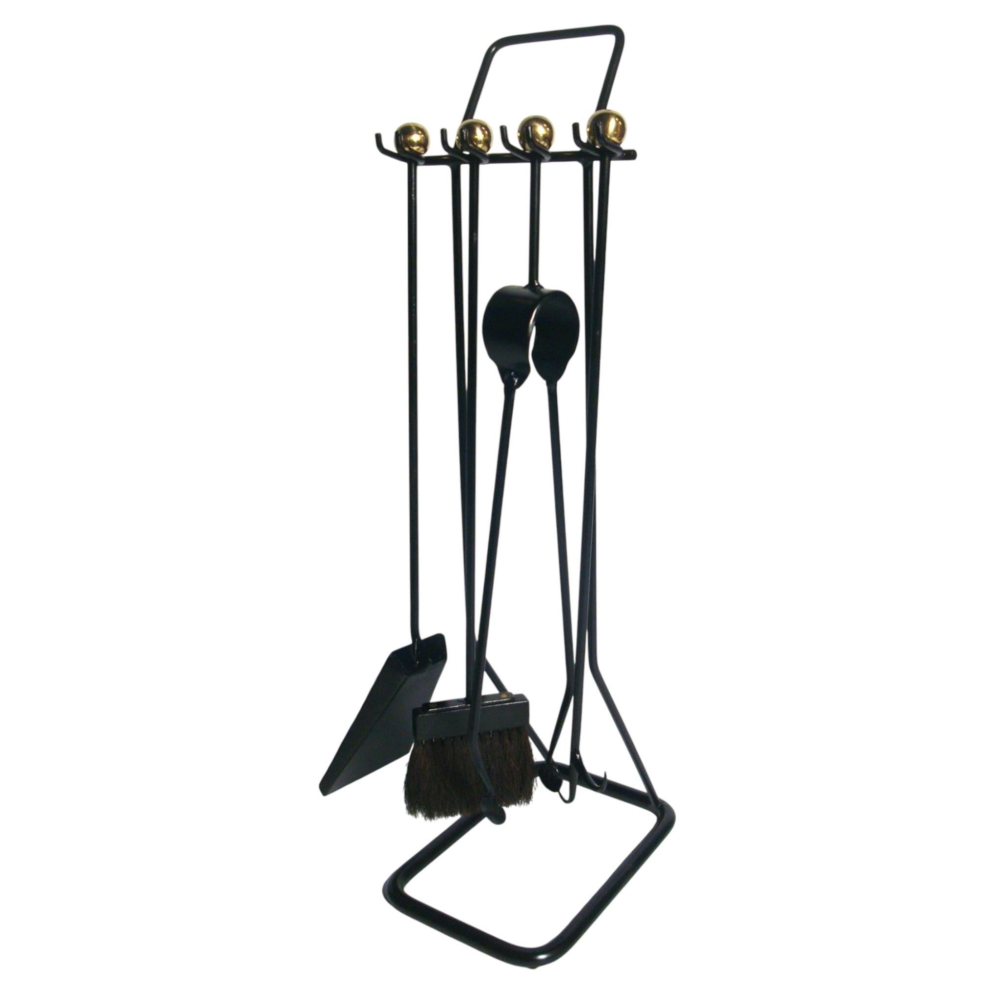 Midcentury French Wrought Iron Fireplace Tools, Jean Royere Style, circa 1960