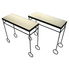 Jean Royere Style Pair of Black Iron with Mirror Top Side Tables / Night Stands