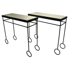Jean Royere Style Pair of Black Iron with Mirror Top Side Tables / Night Stands