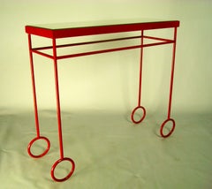 Jean Royere Style Pair of Red Iron with Mirror Top Side Tables / Night Stands