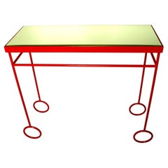 Jean Royere Style Pair of Red Iron with Mirror Top Side Tables / Night Stands