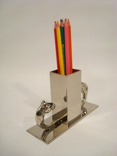 Hermès Equestrian Desk Pen / Pencils Holder, Silvered Horses, Desk Accessorie